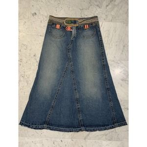 CAbi Jean SKIRT Vintage Blue Sz 2 Long Denim Boho Hippie w Buttons & Frayed Hem